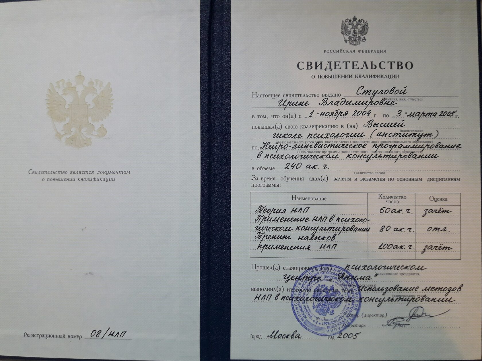 Диплом «Высшая школа психологии», НЛП, 2005
