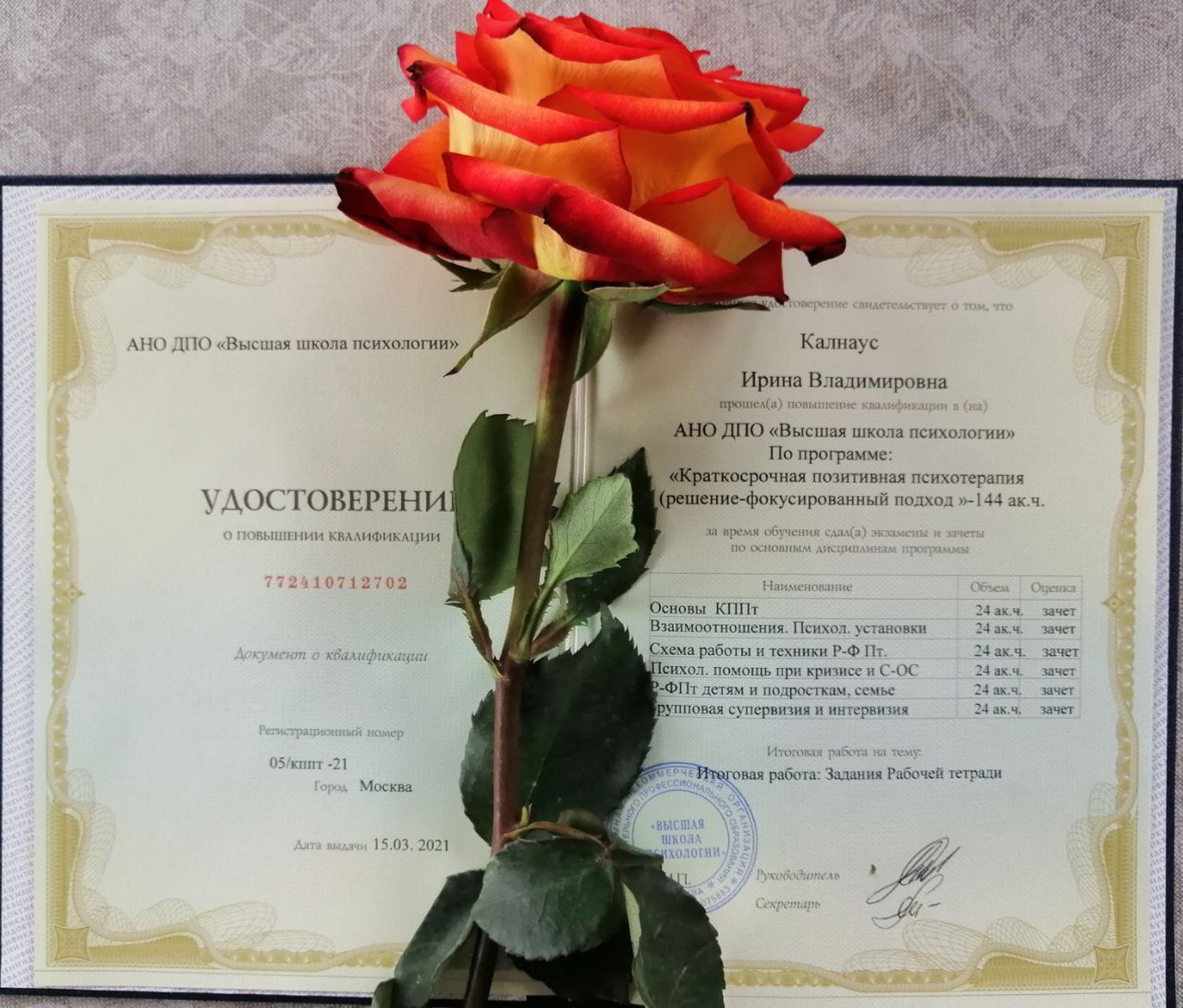 Диплом, краткосрочная позитивная психотерапия, 2021